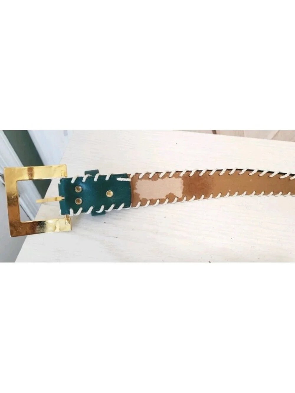 LOUIS FERAUD Green Leather Belt Beige Whipstitch Paris France Golden Buckle